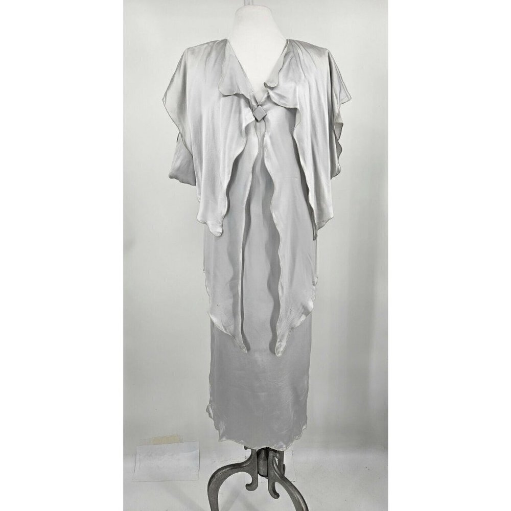 VTG Holly Harp Silver Silk Shift Dress Womens M Midi Layered Flapper